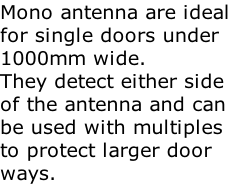 Mono antenna are ideal for single doors under 1000mm wide. They detect either side of the antenna and can be used with multiples to protect larger door ways.